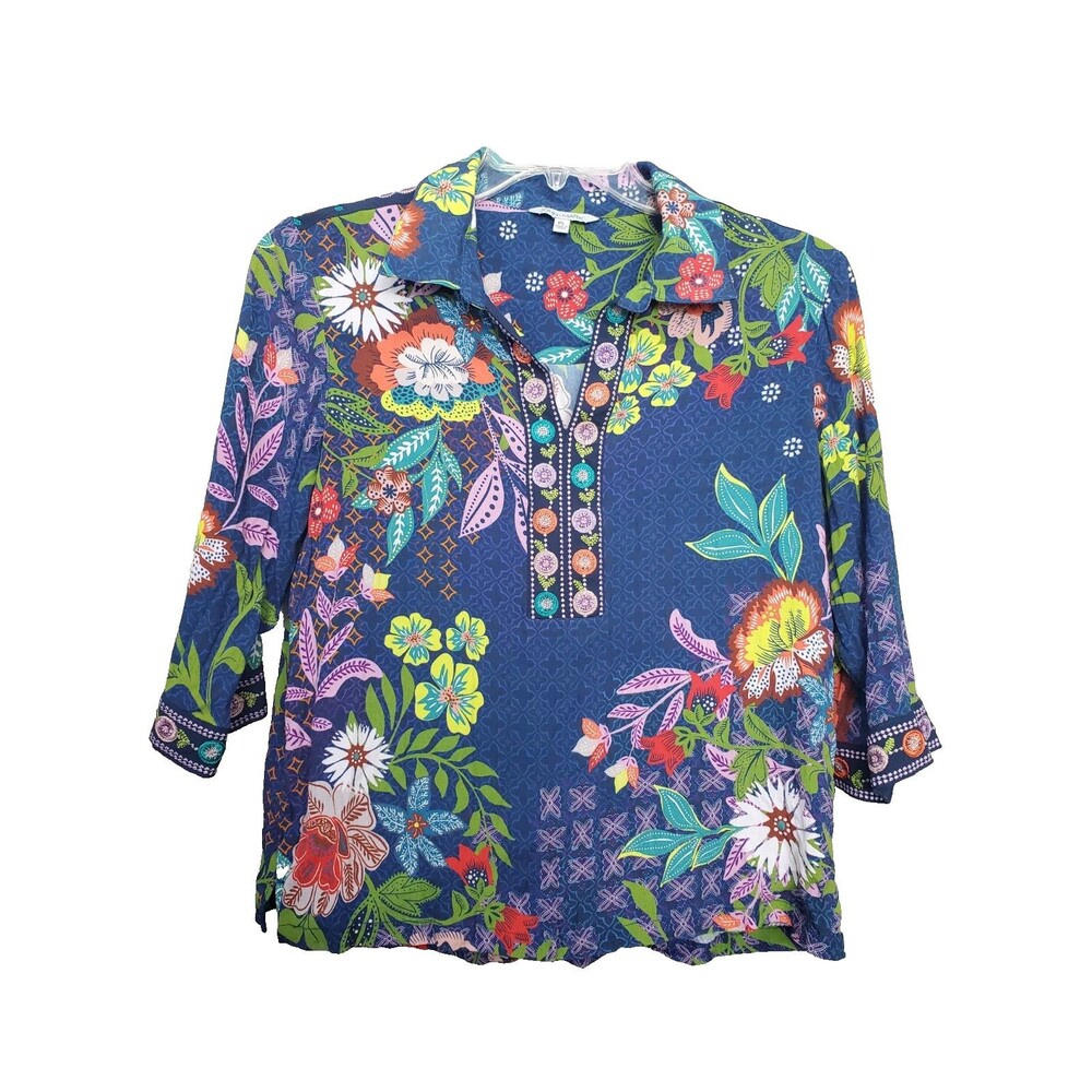 John Mark Blue Floral Embroidered 3/4 Sleeve Boho Top Size PL